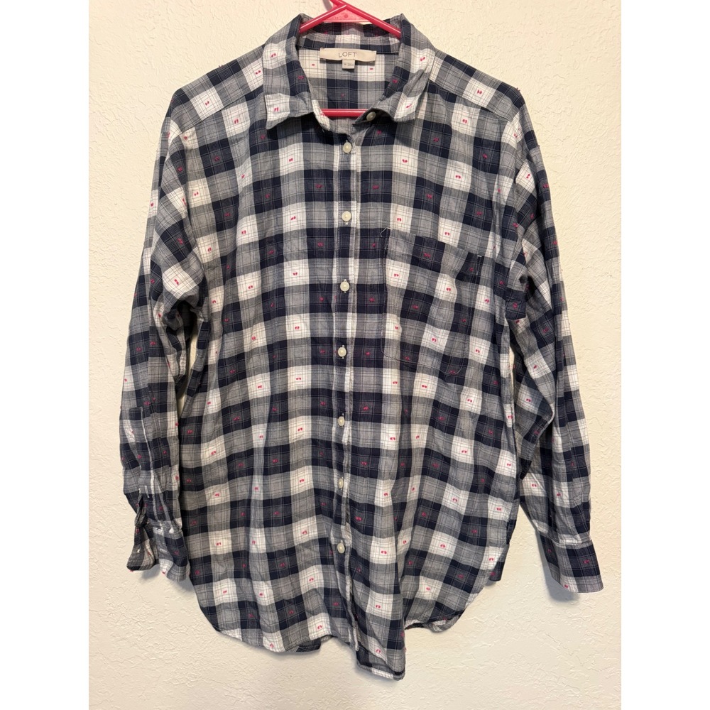 Loft Womens Medium Navy Blue White Plaid Heart Embroidered Cotton Button Down